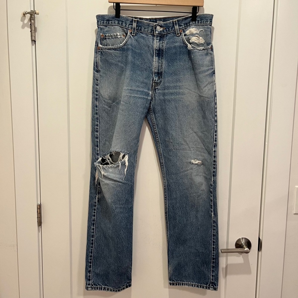 Levis 505 Regular Fit Straight Leg Distressed Jeans Blue 35x32 Vintage Denim
